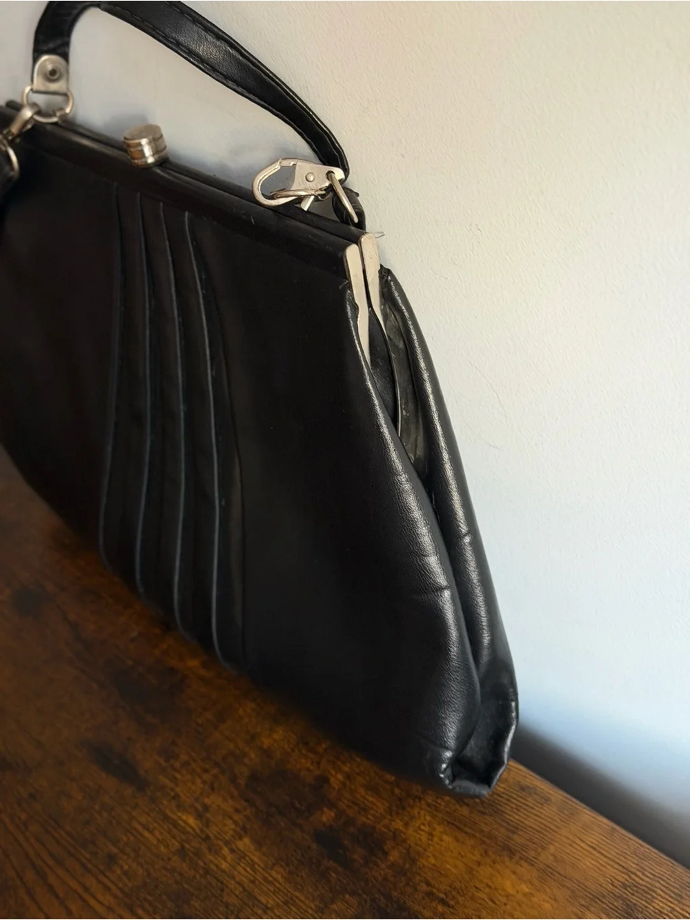 Vintage 1950s Black Pleated Frame Handbag ILGWU Union Made Mid Century Purse